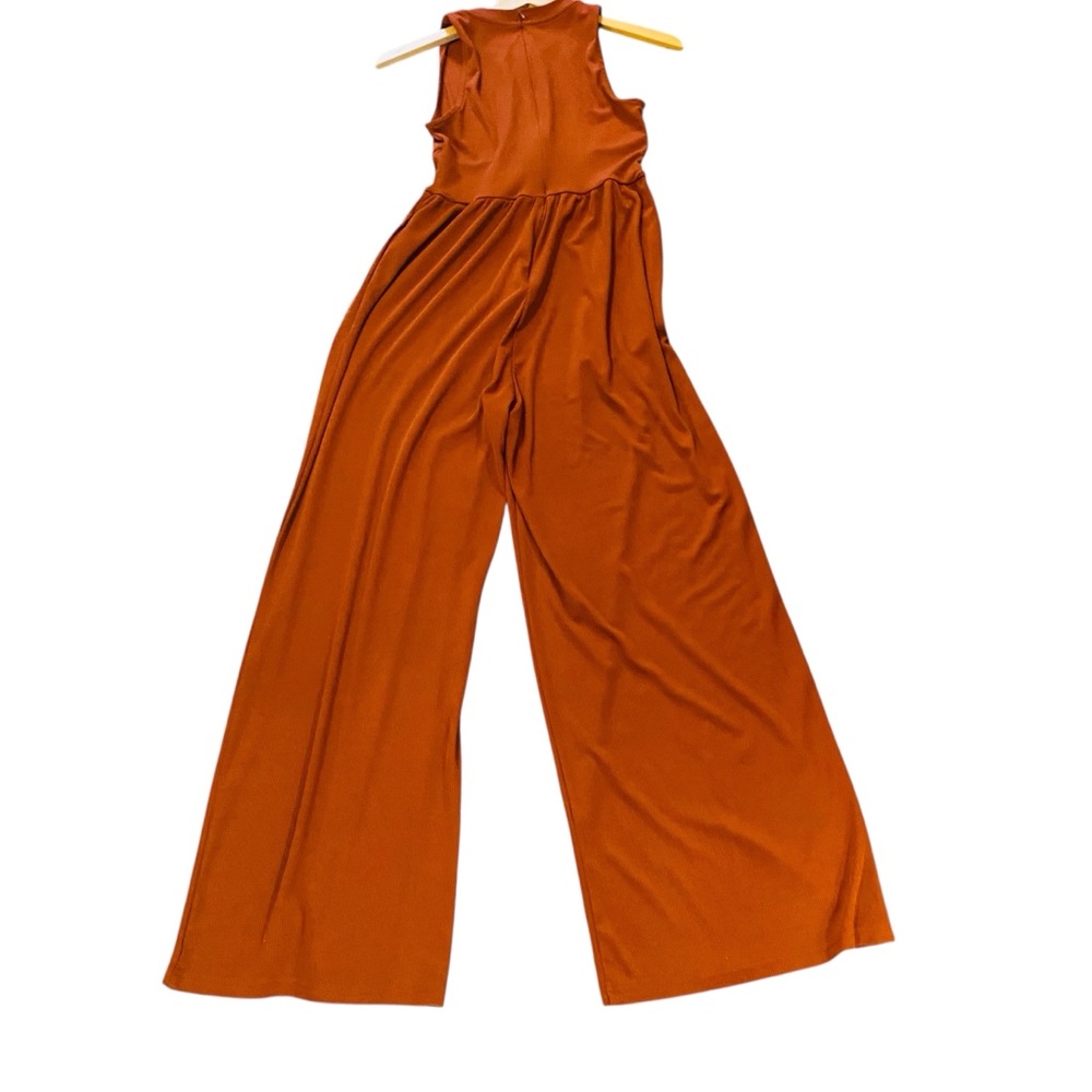 Cider Solid Sleeveless Rust Corset Waist Wide Leg Sleeveless Ribbed Jumpsuit S - Picture 3 of 7
